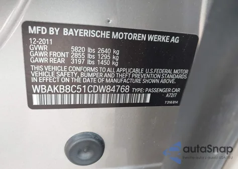 2012 BMW 750Li from USA, damaged, VIN WBAKB8C51CDW84768